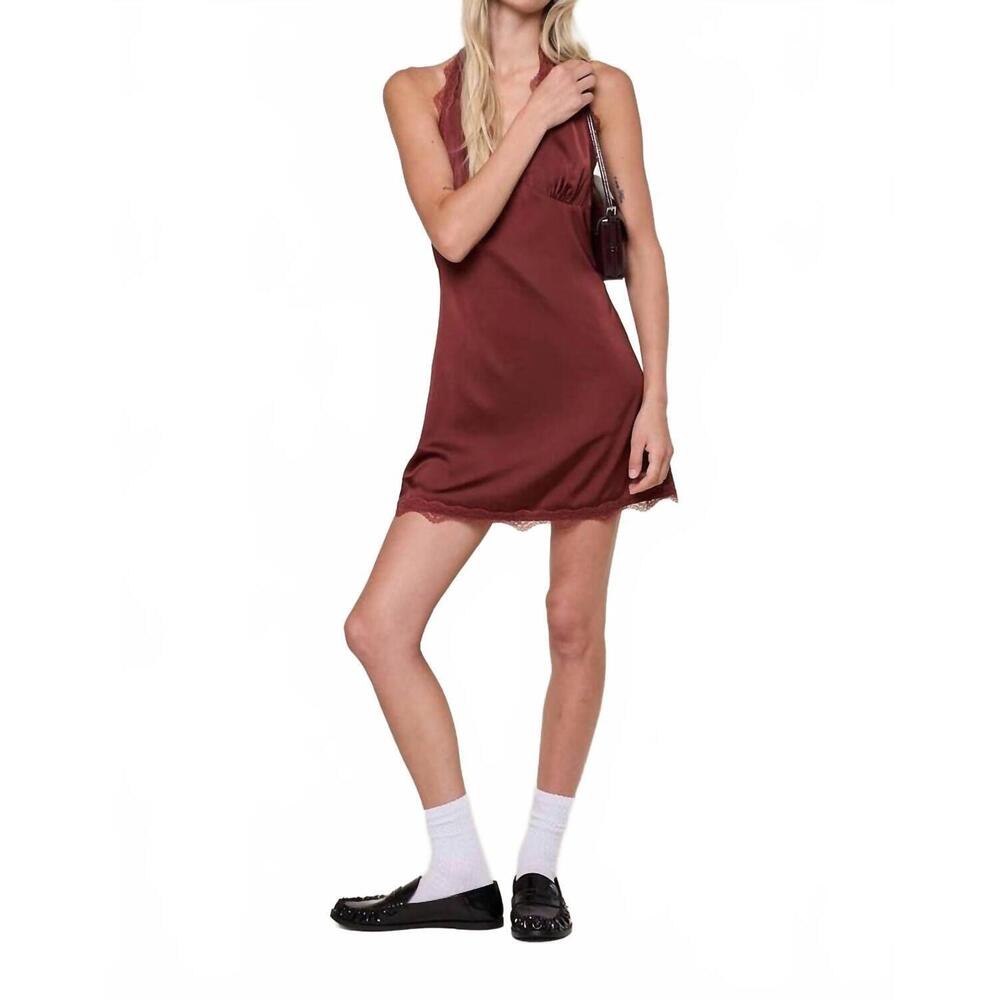 NEW GOLDEN erixa satin halter tie neck open back plain mini dress in plum